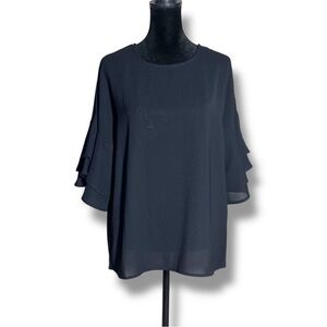 Unbranded Women's Medium Elegant Black Ruffle Sleeve Keyhole Cutout Back Blouse